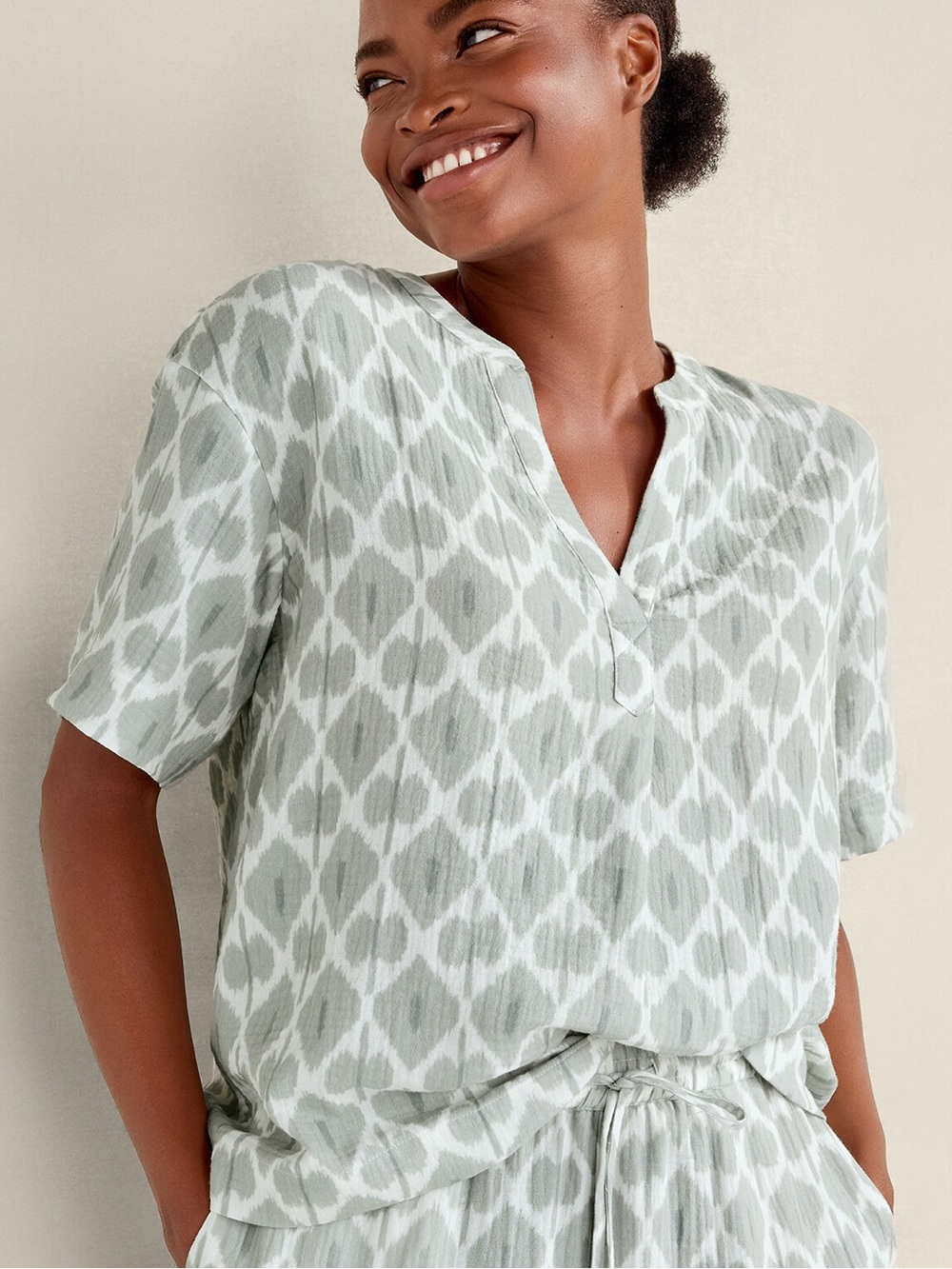 Haven Well Within Organic Cotton Gauze Popover Top Sage Green Ikat Lounge Size M